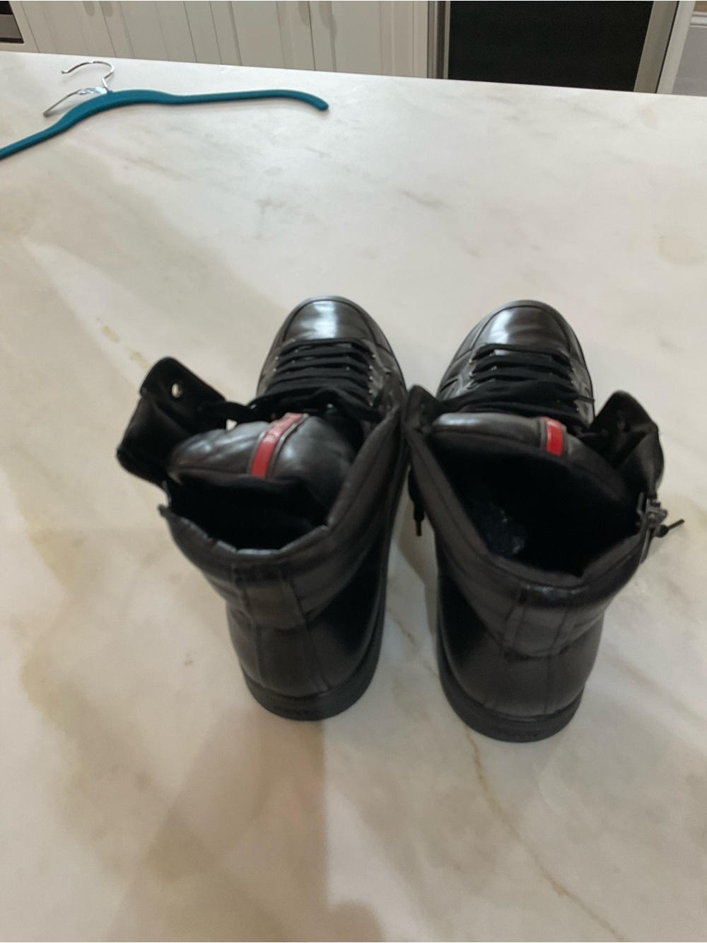 Prada Black High-Top Leather Sneakers with Red Logo Tape - Picture 2 of 8